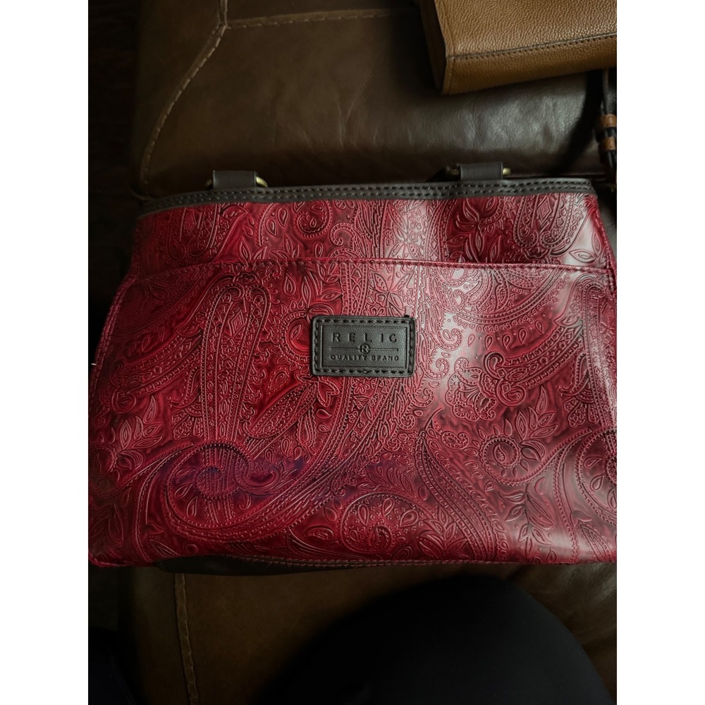 Relic by‎ Fossil Red Embossed Paisley Satchel Handbag Brown Trim Boho Tote Bag